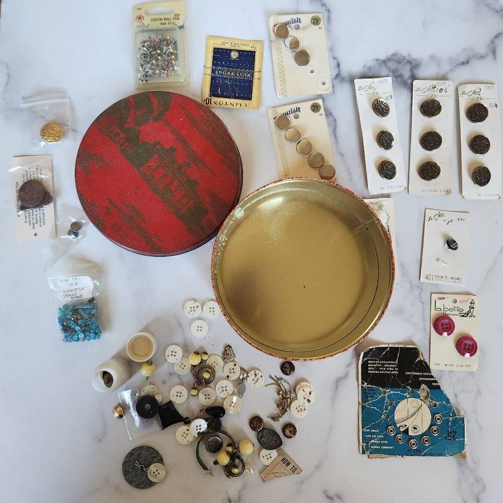 Vintage lot bundle buttons metal tin canister sewing single orphan earrings craf